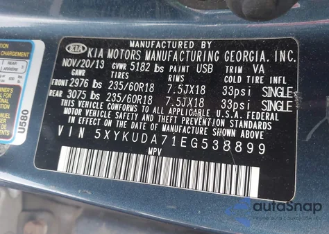 2014 Kia Sorento Ex V6 из США, поврежденный, VIN 5XYKUDA71EG538899